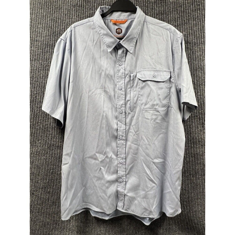 Mountain and Isles Shirt Men XL Blue Short Sleeve Button Up Front Zip Pocket VTG